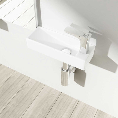 Wall Hung Mount Mini Ceramic  Rectangular Cloakroom Washing Basin Ultra Slim - Right Hand Tap Hole
