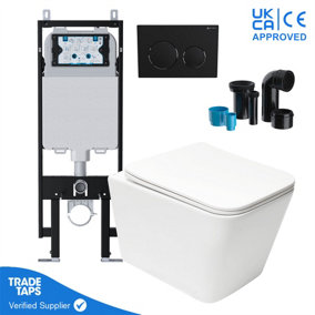Wall Hung Toilet Pan Round Slim Concealed Cistern Frame 1.14-1.35m w/Matt Black Flush Plate