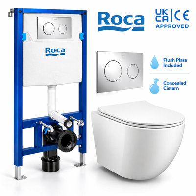 Wall Hung Toilet Set 112cm Roca Frame Concealed Cistern Chrome Flush Plate