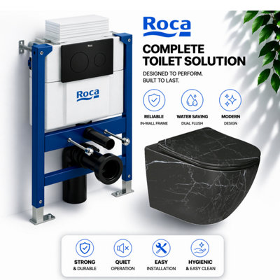 Wall Hung Toilet Set 82cm Roca Frame Concealed Cistern Black Flush Plate