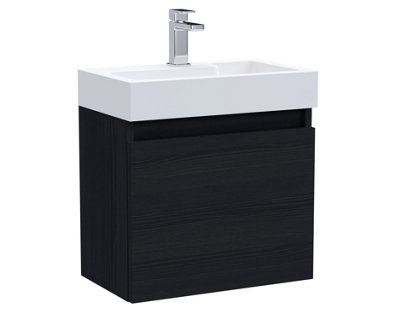 Wall Hung Vanity Basin Unit & Slimline Polymarble Basin - 500mm - Woodgrain Charcoal Black