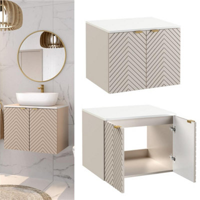 Wall Hung Vanity Unit 600mm Bathroom Cabinet Ribbed Beige White Countertop Cara