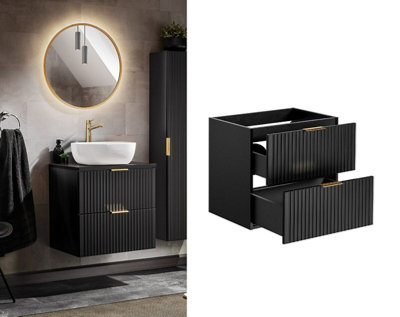 Wall Hung Vanity Unit 600mm Black Bathroom Cabinet with Drawers Ribbed Textured Fluted Floating Adel