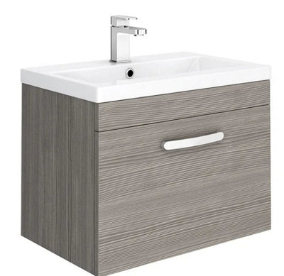 Wall Hung Vanity Unit Single Drawer 600mm Grey & Ceramic White Basin Sink