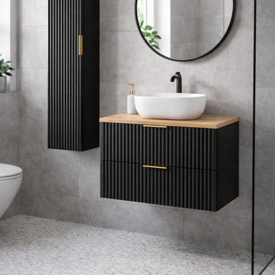 Wall Hung Vanity Unit with Basin 800mm Oak Effect Countertop Black ...