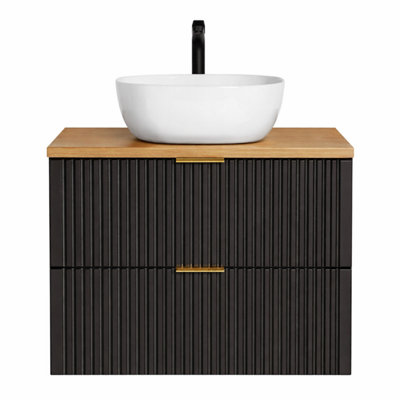Wall Hung Vanity Unit with Basin 800mm Oak Effect Countertop Black ...