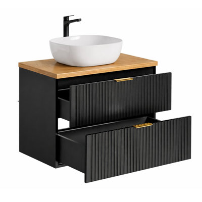 Wall Hung Vanity Unit with Basin 800mm Oak Effect Countertop Black ...