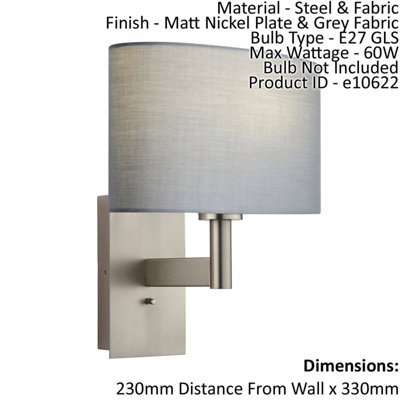 Wall Light & Shade Matt Nickel & Grey Fabric 60W E27 USB Socket e10622