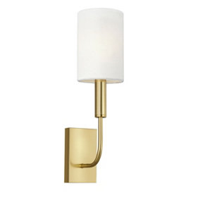 Wall Light White Linen Cylindrical Shade Burnished Brass LED E14 60W