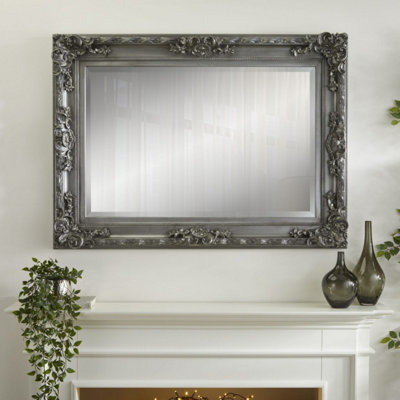 Wall Mirror Carved Vintage Carved Louis Rectangular shaped with Silver Ornate Frame H110cm xW 80cm x D6.5cm