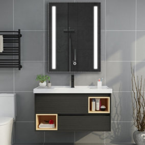 Wall Mount Mirror Cabinet with LED Light Single Door Bathroom Storage Shelf for Bathroom 800 mm H x 600 mm W