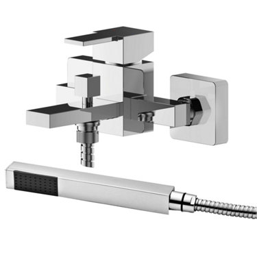 Wall Mount Square Bath Shower Mixer Tap with Shower Kit - Chrome