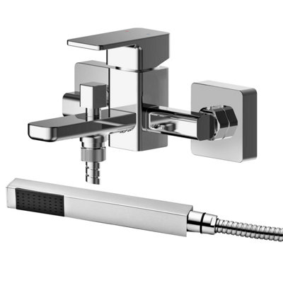 Wall Mount Square Bath Shower Mixer Tap with Shower Kit - Chrome