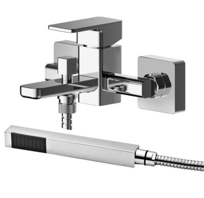 Wall Mount Square Bath Shower Mixer Tap with Shower Kit - Chrome