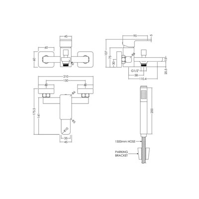 Wall Mount Square Bath Shower Mixer Tap with Shower Kit - Chrome
