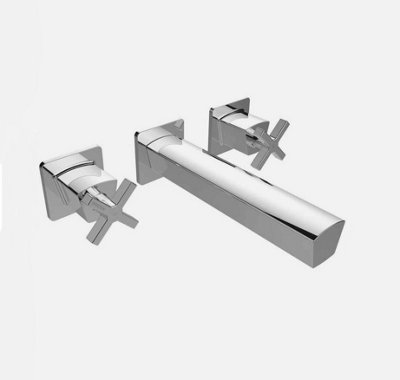 Wall Mounted Basin Mixer Tap Chrome Finish Crosshead Handles Solid Brass Body - 3