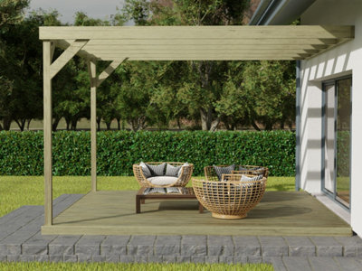 Wall-mounted box pergola and decking, complete DIY kit (2.4m x 2.4m, Light green (natural) finish)