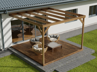 Wall-mounted box pergola and decking, complete DIY kit (2.4m x 2.4m, Rustic brown finish)