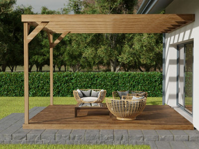 Wall-mounted box pergola and decking, complete DIY kit (3.6m x 3.6m, Rustic brown finish)