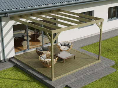 Wall-mounted box pergola and decking, complete DIY kit (4.2m x 4.2m, Light green (natural) finish)
