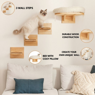 Wall Mounted Cat Shelf Perch Bed with 3 Cat Climbing Shelves Extra Soft Cushion Solid Wood Cat Wall Furniture for Indoor DIY at B Q