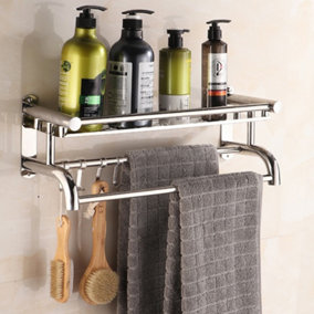 Wall Mounted Chrome Metal Bathroom Towel Rail Rack with Storage Shelf and Hooks