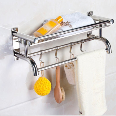Wall Mounted Chrome Metal Bathroom Towel Rail Rack with Storage Shelf ...