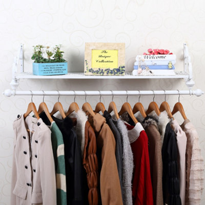 Wall Mounted Clothes Rail Garment Clothing Hanging Rack with Display Storage Shelf White 600 mm