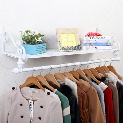 Wall Mounted Clothes Rail Garment Clothing Hanging Rack with Display Storage Shelf White 600 mm