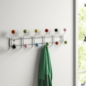 Wall-Mounted Coat Hanger-12 Hooks. Chrome frame, Multi-colored ceramic balls