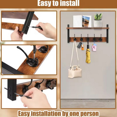 Wall Mounted Coat Racks 5 Hooks Rack Shelf Vintage Hanger with Hanging Rail