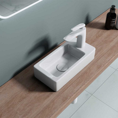 Wall Mounted/Countertop Small Cloakroom Basin - Right  Hand Tap Hole- 370 x 180 x 90mm (WxDxH)