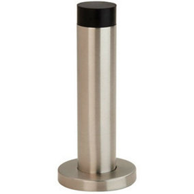 Wall Mounted Doorstop Cylinder on Rose Rubber Tip 102 x 22mm Satin Steel