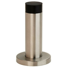 Wall Mounted Doorstop Cylinder on Rose Rubber Tip 76 x 22mm Satin Steel