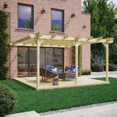 Wall Mounted Double Garden Pergola and Decking Kit - Wood - L480 x W480 ...