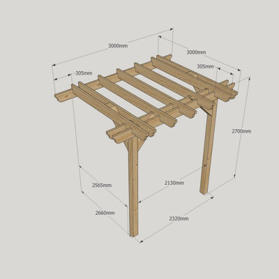 Wall Mounted Double Garden Pergola - Wood - L300 x W300 x H270 cm - Rustic Brown - 4