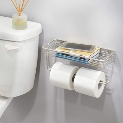Wall Mounted Double Toilet Paper Roll Holder - with Storage Shelf - Dispenses 2 Rolls - Simple Design - Made Of Steel With Matte