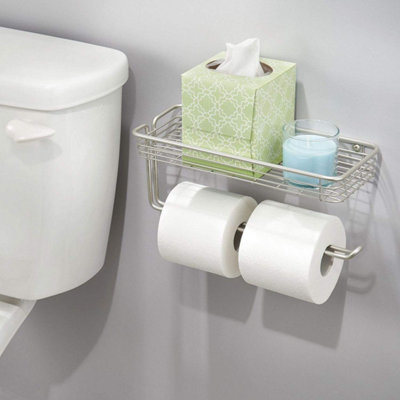 Wall-Mounted Double Toilet Roll Holder with Storage Shelf, Matte Steel Finish