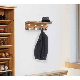 Wall Mounted Entryway Shelf with 4 White Hooks