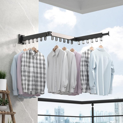 Wall-Mounted Folding Clothes Drying Rack Space-Saving 3-Fold Design 120cm Wide Rust-Resistant Aluminium with 18 Rotatable Hooks