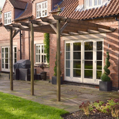 Wall Mounted Garden Pergola 3 Post - L480 x W480 x H270 cm - Rustic Brown - 4