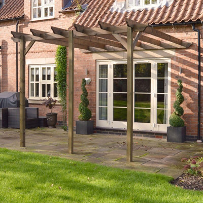 Wall Mounted Garden Pergola 3 Posts - Wood - L300 x W780 x H270 cm - Rustic Brown - 3