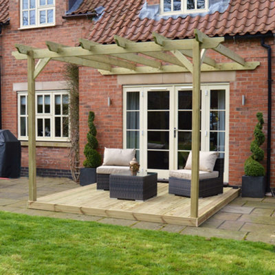 Wall Mounted Garden Pergola with Decking - Light Green - 3.6m Depth x 3 ...