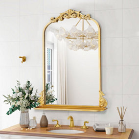 Wall Mounted Gold Metal Framed Decorative Framed Mirror with Shelf W 600mm x H 910mm