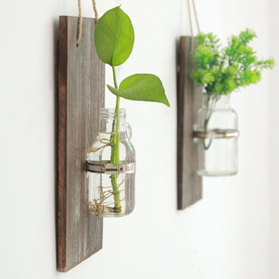 WALL MOUNTED HYDROPONIC PLANTING GLASS PLANTER WITH WOODEN BACKBOARD