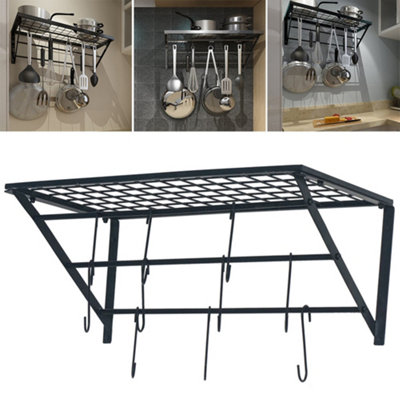 Kitchen Metal Shelves Saucepan Pan Pot Rack Storage Shelf with 10 Hooks Wall  Mounted W 60 cm