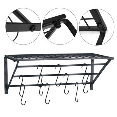 Kitchen Metal Shelves Saucepan Pan Pot Rack Storage Shelf with 10 Hooks Wall  Mounted W 60 cm