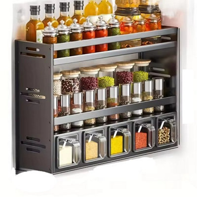 Wall mounted kitchen spice rack storage set without drilling