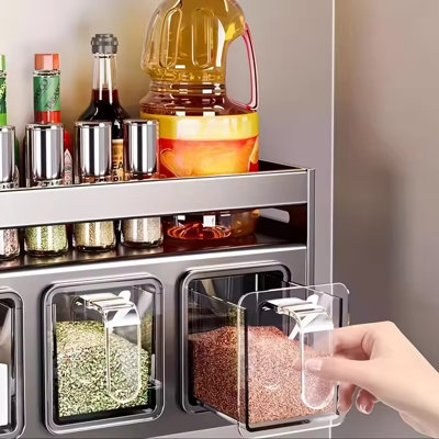 Wall mounted kitchen spice rack storage set without drilling