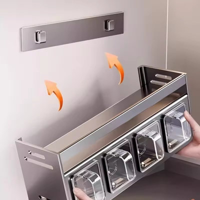 Wall mounted kitchen spice rack storage set without drilling